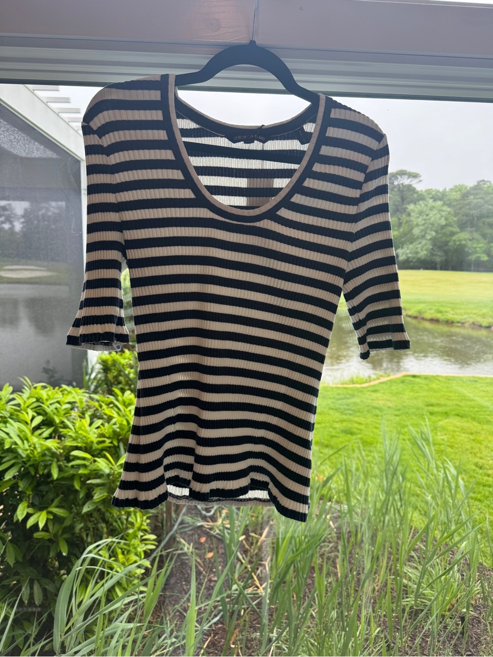 Veronica Beard Black and Cream Striped Ribbed Short Sleeve Top